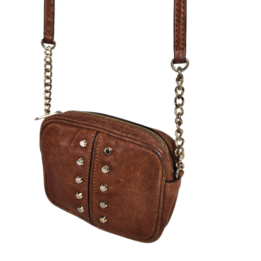 Michael Kors Brown Leather Uptown Astor Small Crossbody Bag Purse Gold Stud - Picture 3 of 13